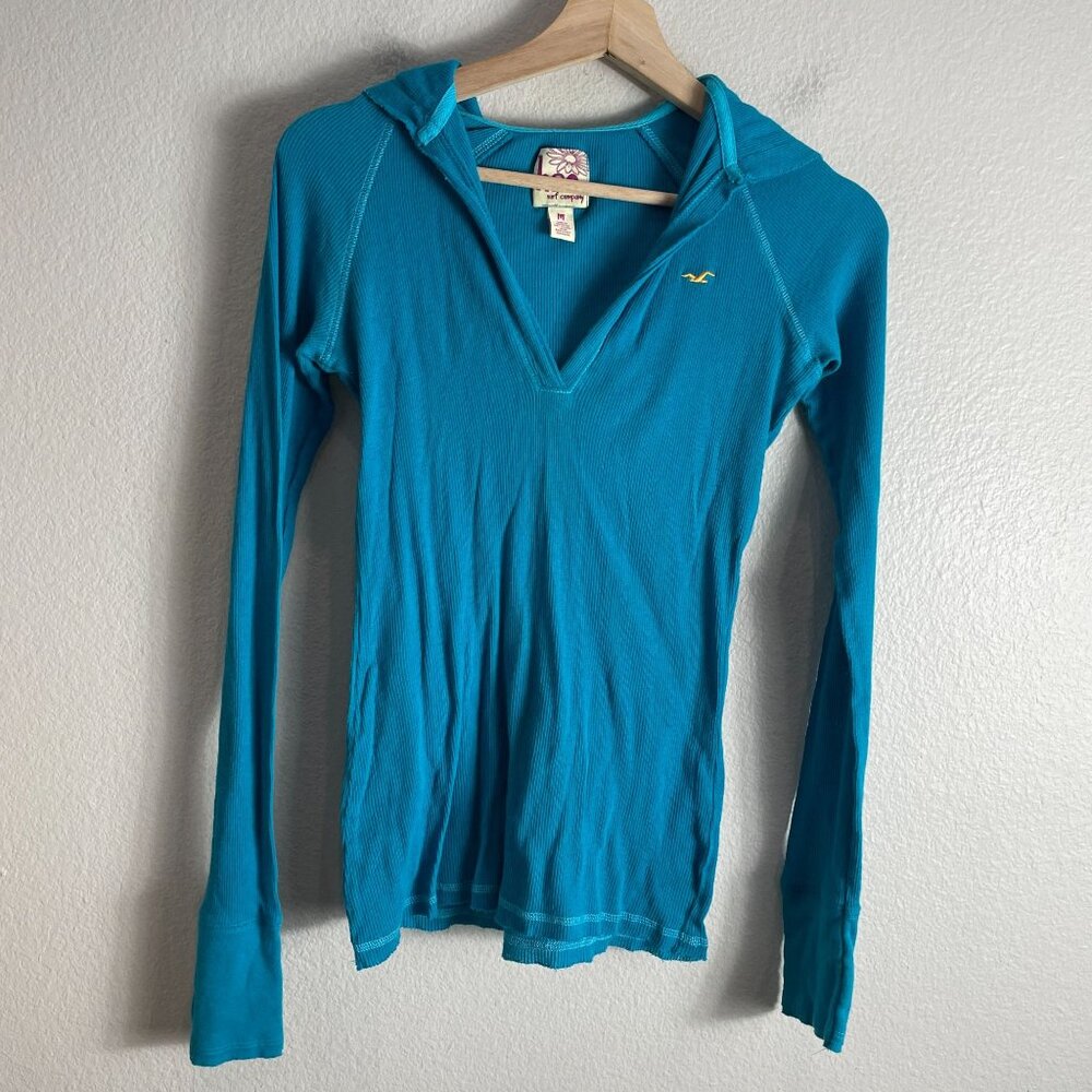 Y2K Hollister HCO Surf Company Womens Medium Turquoise Ribbed Hooded Top - Picture 6 of 10